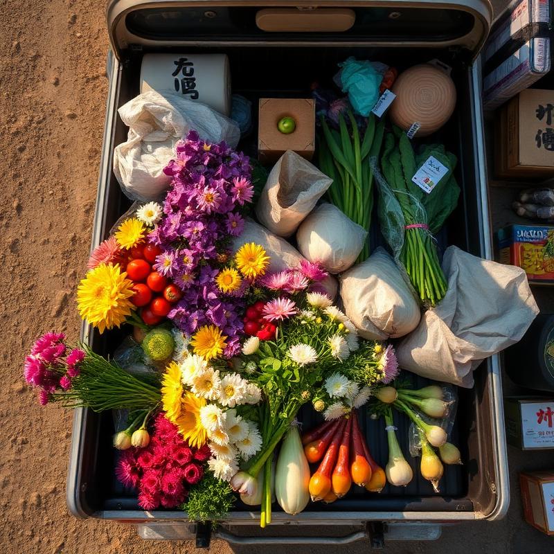 Kei truck bed loaded with fresh flowers and produce