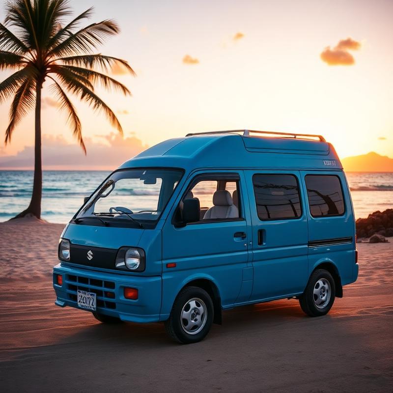 Blue kei van parked on a Hawaii beach at sunset