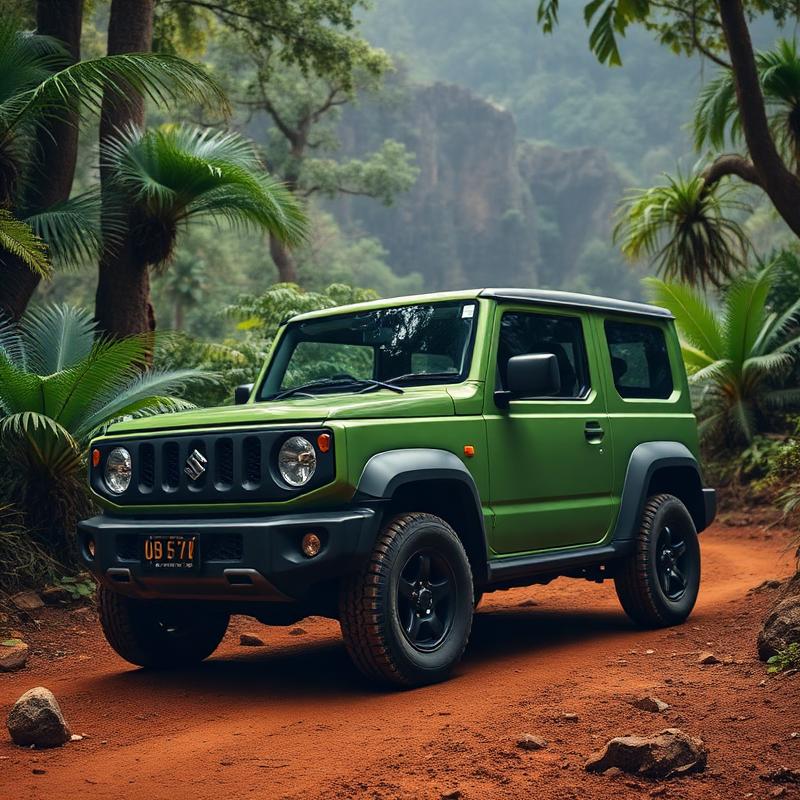 Green Suzuki Jimny on a red-dirt Hawaii jungle trail