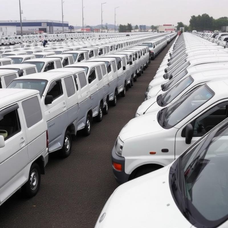 Rows of kei trucks at a Japanese auto auction in Nagoya