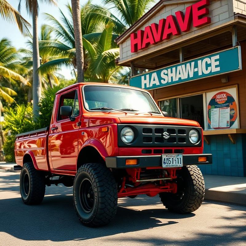 Lifted red kei truck parked at a Hawaii shave-ice shack