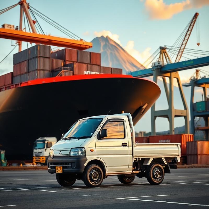 Kei truck unloaded from a RoRo ship at Honolulu port