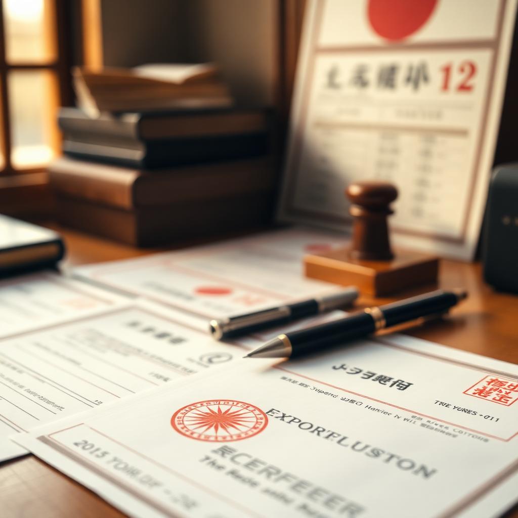 Japanese vehicle export paperwork and hanko stamp on a desk